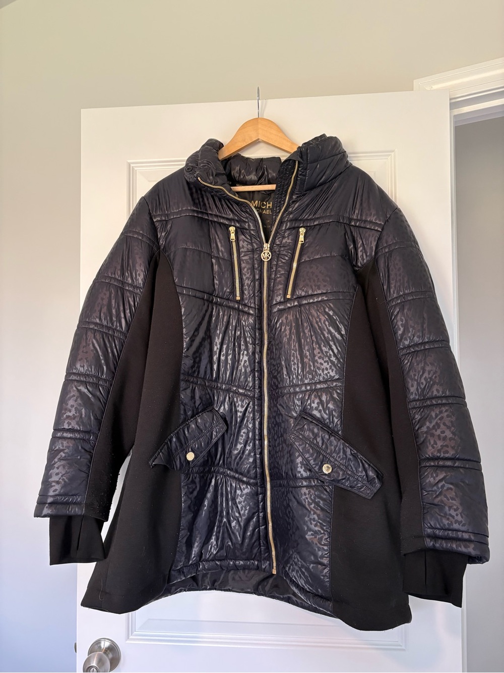 Michael Kors Plus Size Dark Navy Quilted Hooded Ski Puffer Coat Leopard Print